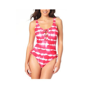 California Waves Tie Dye Stripe One Piece Swimsuit Size L Pink White Lace Up New